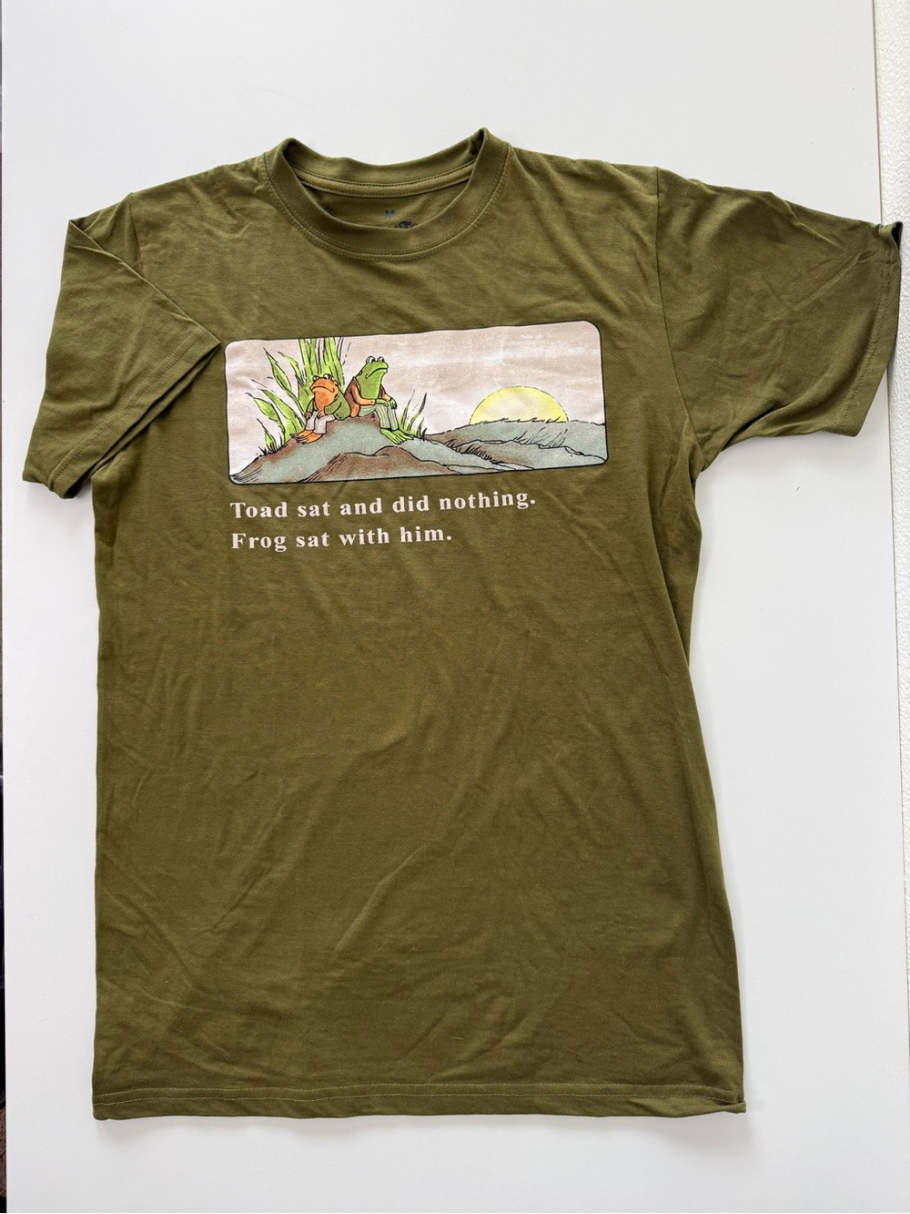 Frog and Toad Mens Graphic Tee Green Size M "Toad sat and did nothing" Shirt